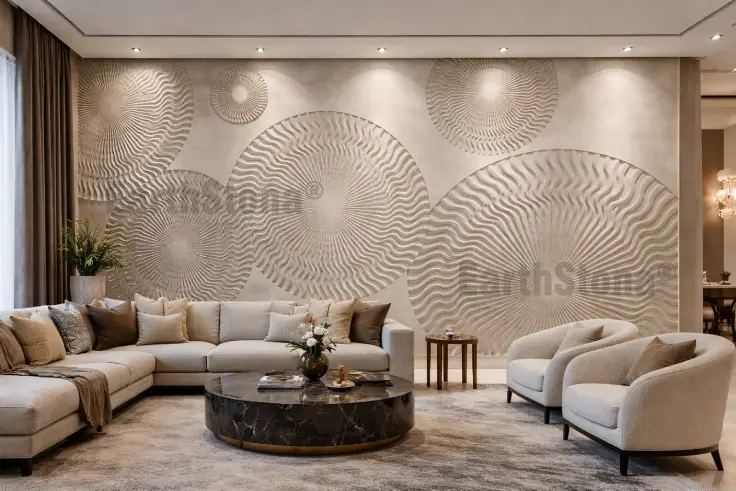 Luxury ripple stone wall carving design with circular wave pattern and spotlight by EarthStona
